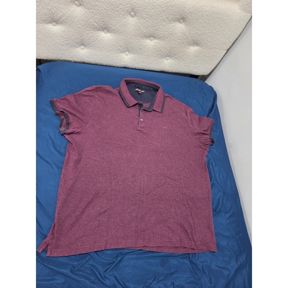 Michael Kors Mens XXL Burgundy Heather Polo Shirt Short Sleeve Striped Trim MK